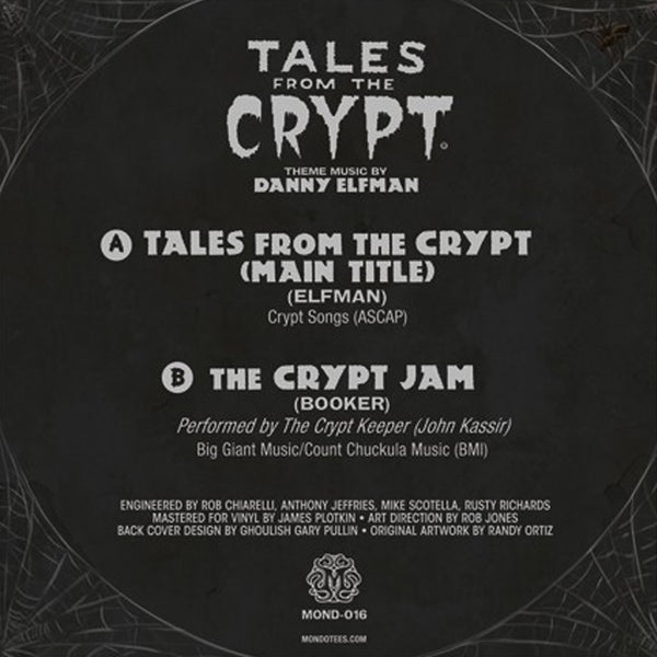 TALES from the CRYPT 7" vinyl "The Crypt Keeper" cover variant. Packaging design by Randy Ortiz.in standard jacket pressed on blood red with black haze vinyl.